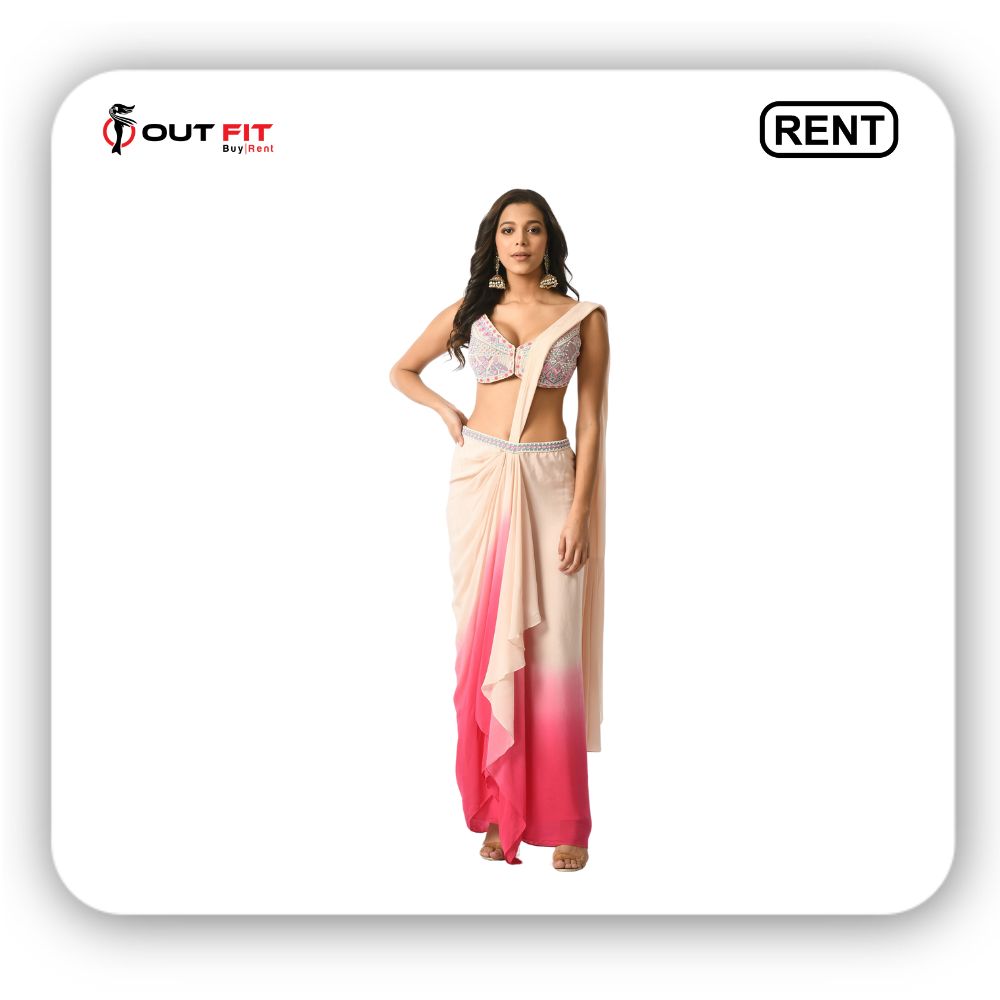 Pink Crepe Embellished Ombre Pre-draped Saree With Embroidered Blouse On Rent