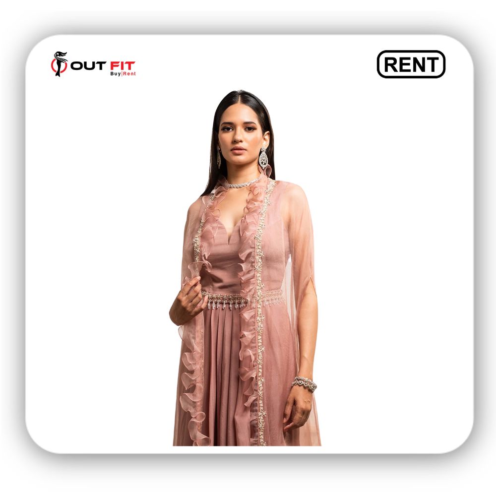 Pink Crepe Gown Leaf A-line With Organza Cape On Rent In Bangalore (2)