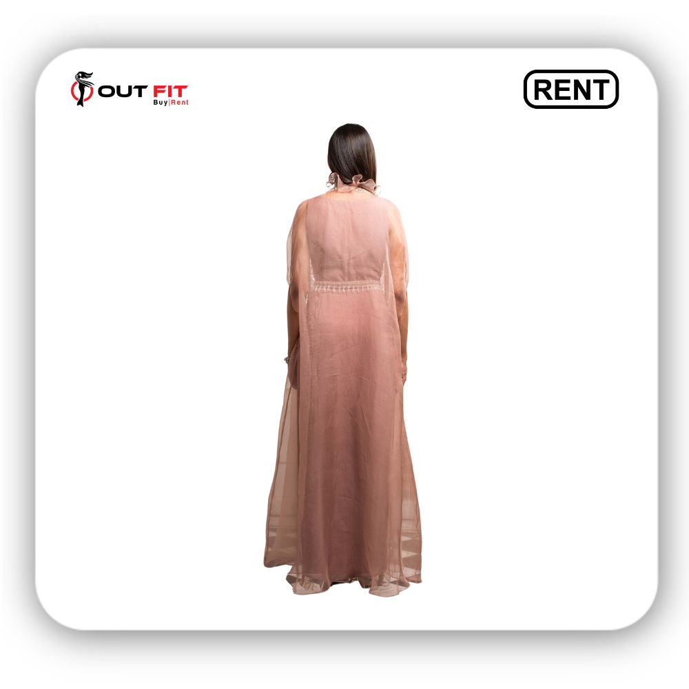 Pink Crepe Gown Leaf A-line With Organza Cape On Rent In Bangalore (3)