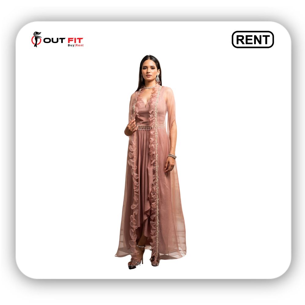 Pink Crepe Gown Leaf A-line With Organza Cape On Rent In Bangalore