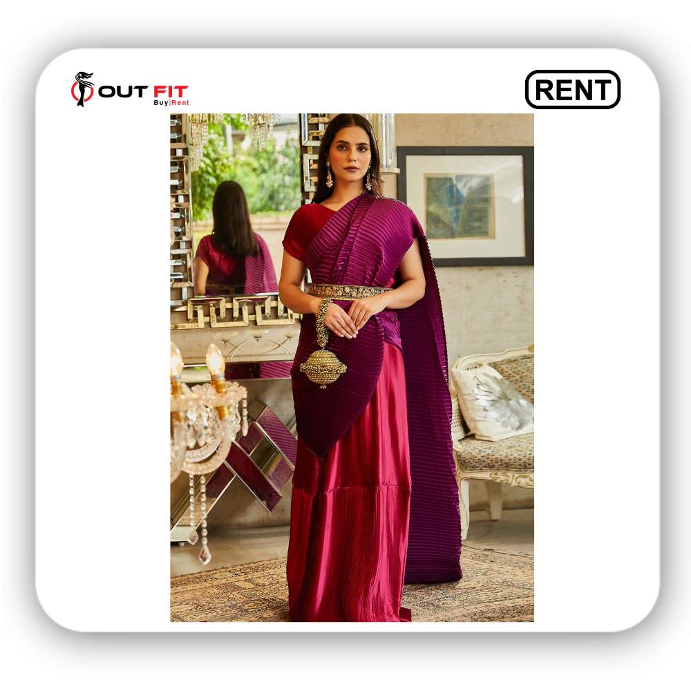 Pink Pleated Polyester Saree Gown With Blouse on Rent in Bangalore