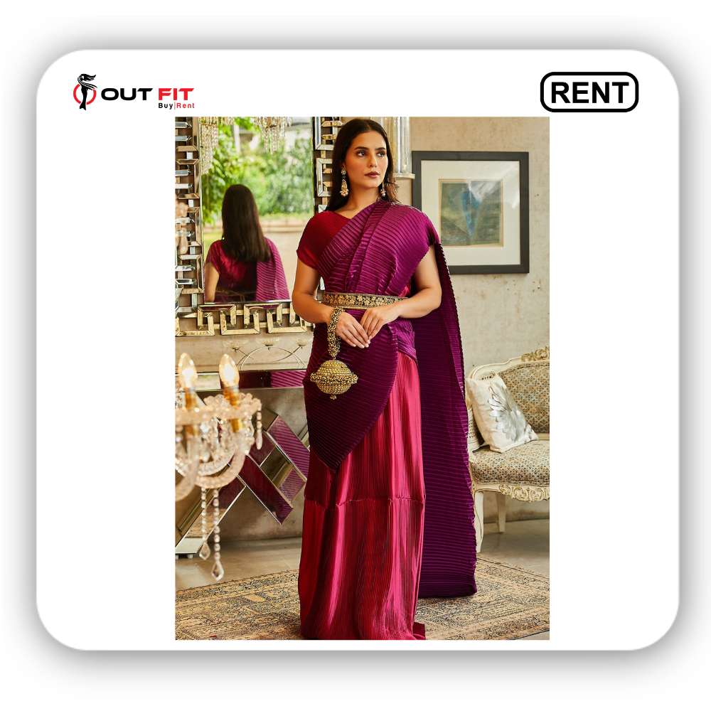 Pink Pleated Polyester Saree Gown With Blouse on Rent in Bangalore