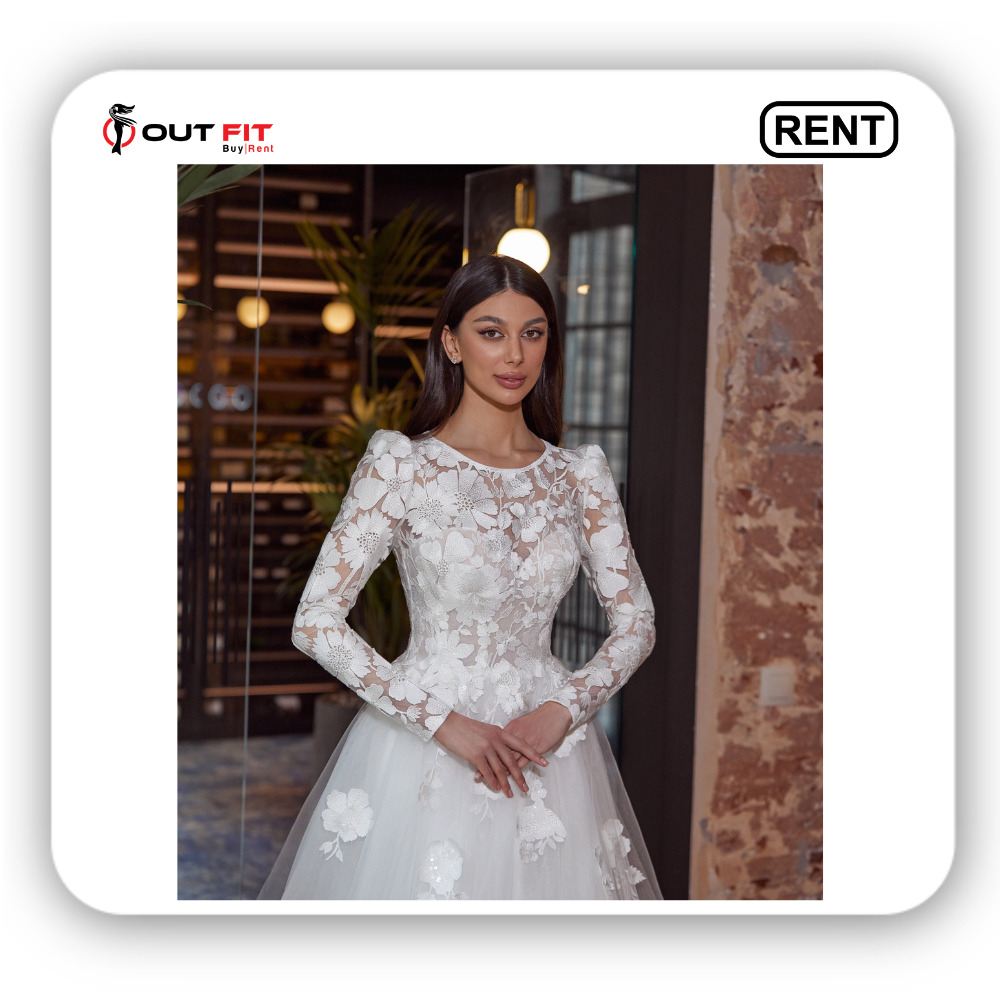 Princess Cut Bridal Gown with Sheer Long Sleeve Rental in bangalore