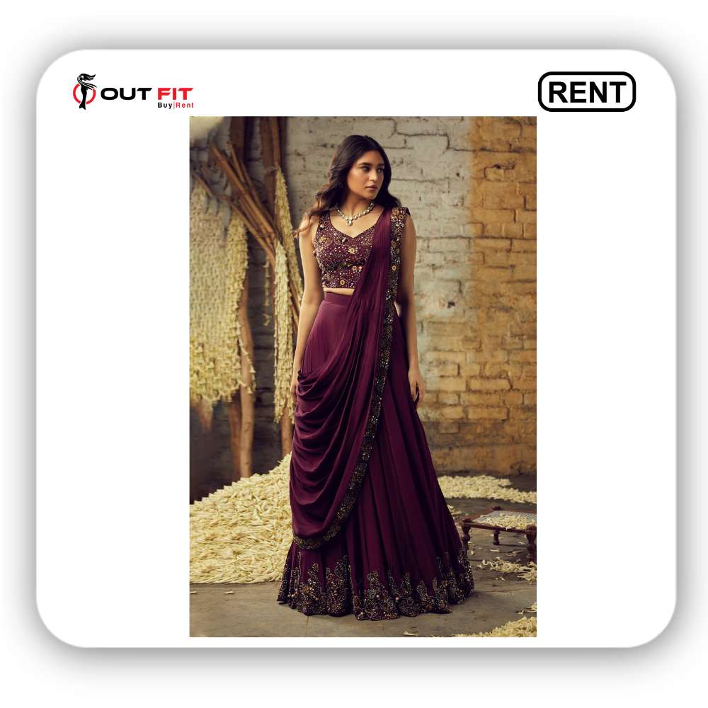 Purple Crepe Hand Embroidered Pre-draped Sharara Saree With Blouse on rent bangalore (2)