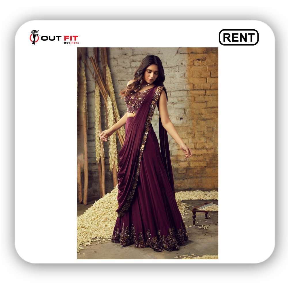 Purple Crepe Hand Embroidered Pre-draped Sharara Saree With Blouse on rent bangalore