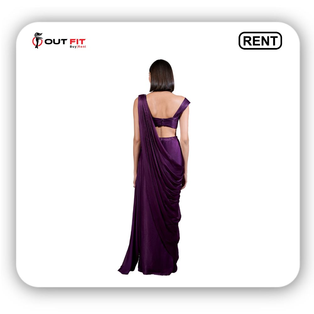 Purple Georgette Cadbury Roman Border Pre-draped Saree With Blouse On Rent