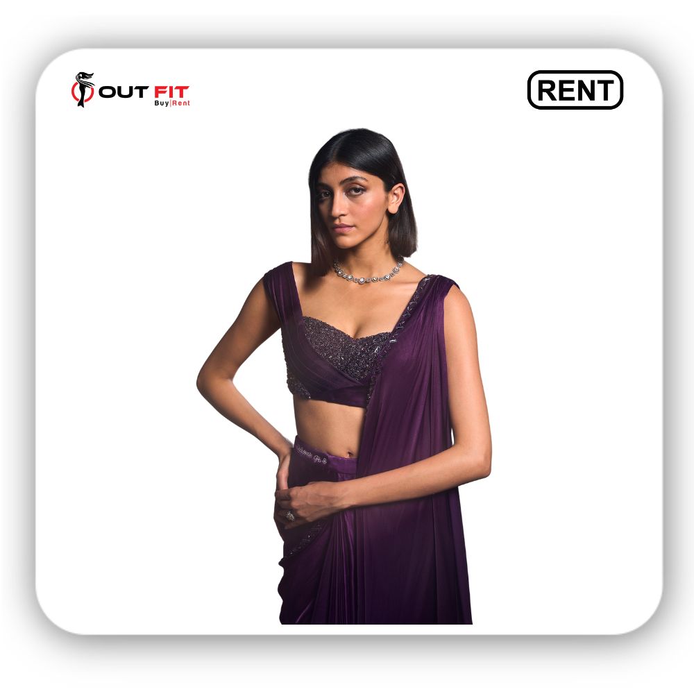 Purple Georgette Cadbury Roman Border Pre-draped Saree With Blouse On Rent