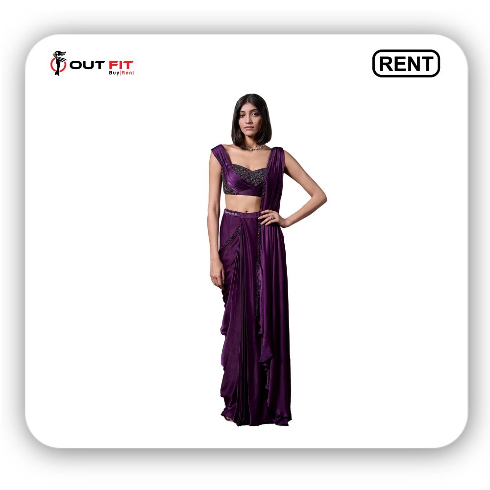 Purple Georgette Cadbury Roman Border Pre-draped Saree With Blouse On Rent