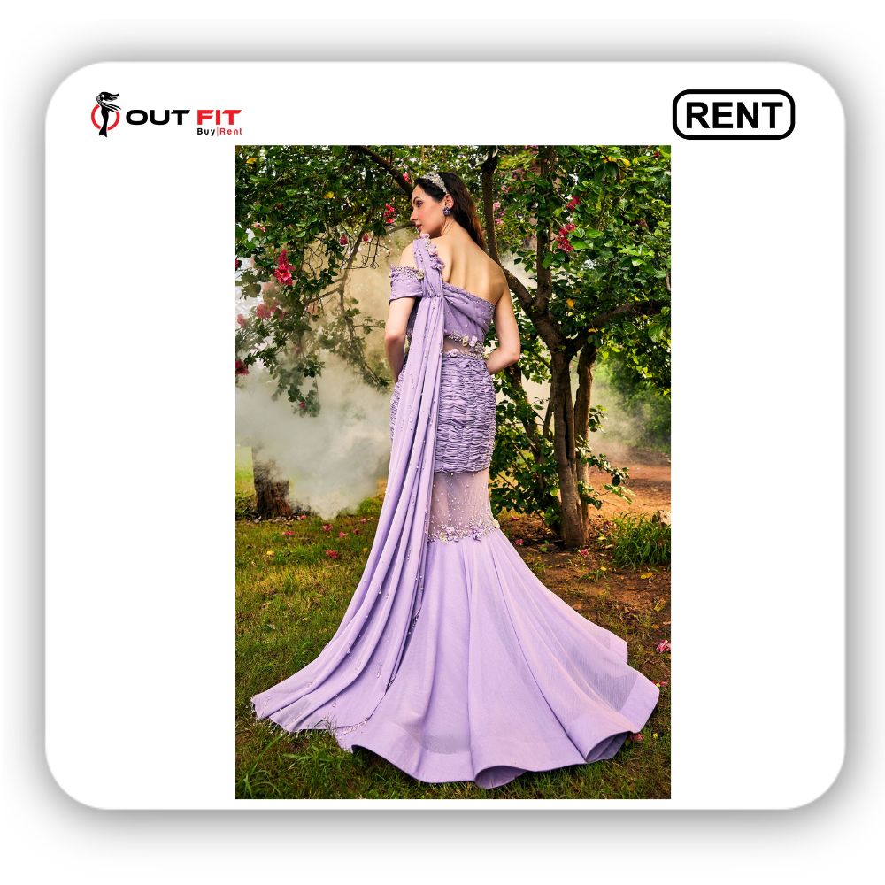 Purple Georgette Embroidered Pearl One-shoulder Embellished Gown On Rent In Bangalore