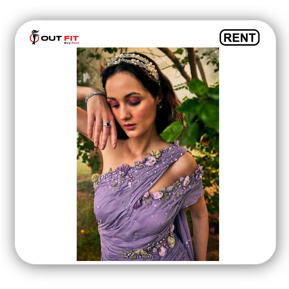 Purple Georgette Embroidered Pearl One-shoulder Embellished Gown On Rent In Bangalore