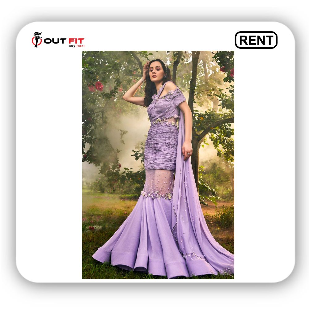 Purple Georgette Embroidered Pearl One-shoulder Embellished Gown On Rent In Bangalore