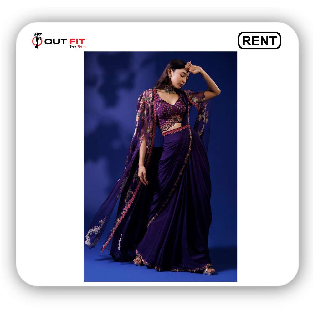 Purple Raw Silk Embroidery Border Pre-draped Saree Set With Cape on rent bangalore (2)