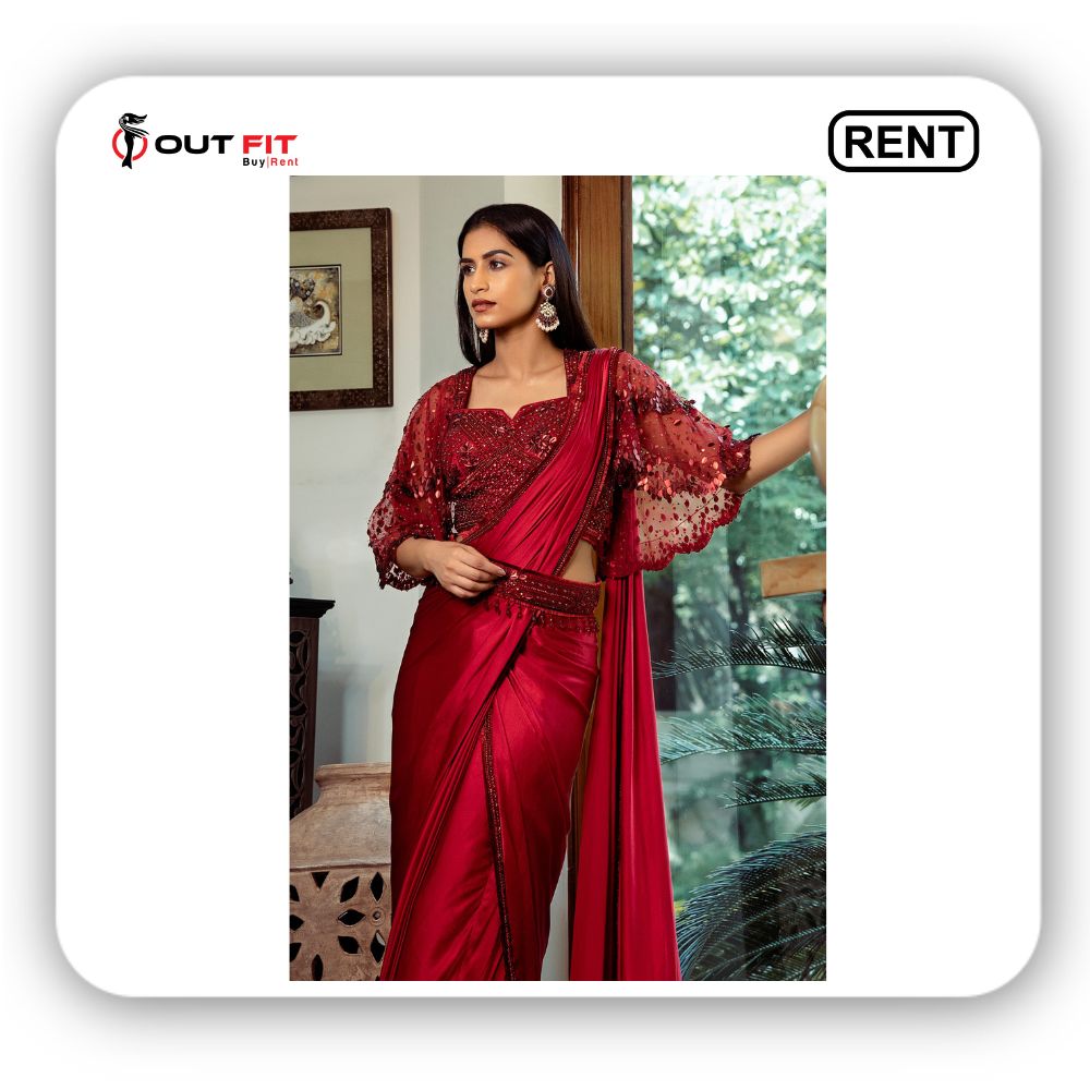 Red Satin Silk Embroidery Pre-draped Saree With Hand Cape Blouse On Rent In Bangalore