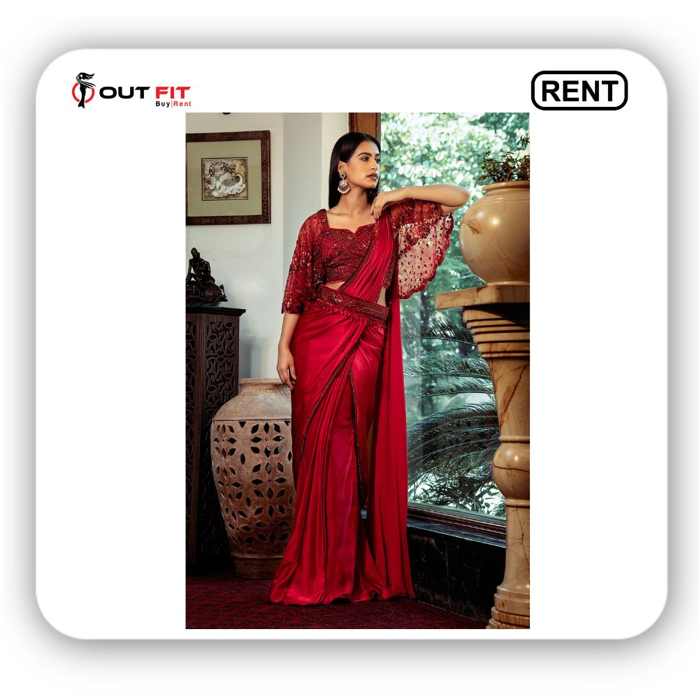 Red Satin Silk Embroidery Pre-draped Saree With Hand Cape Blouse On Rent In Bangalore