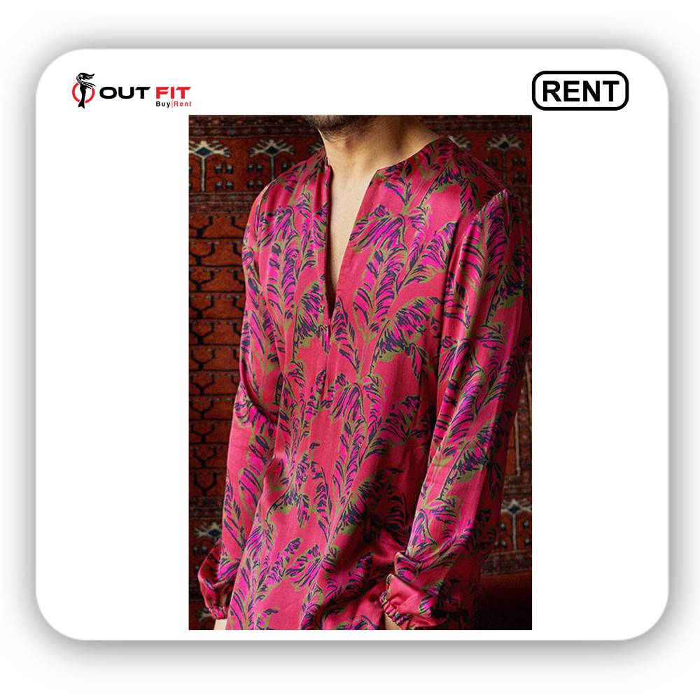 Red Satin Silk Printed Kurta And Joggers Set on rent in bangalore