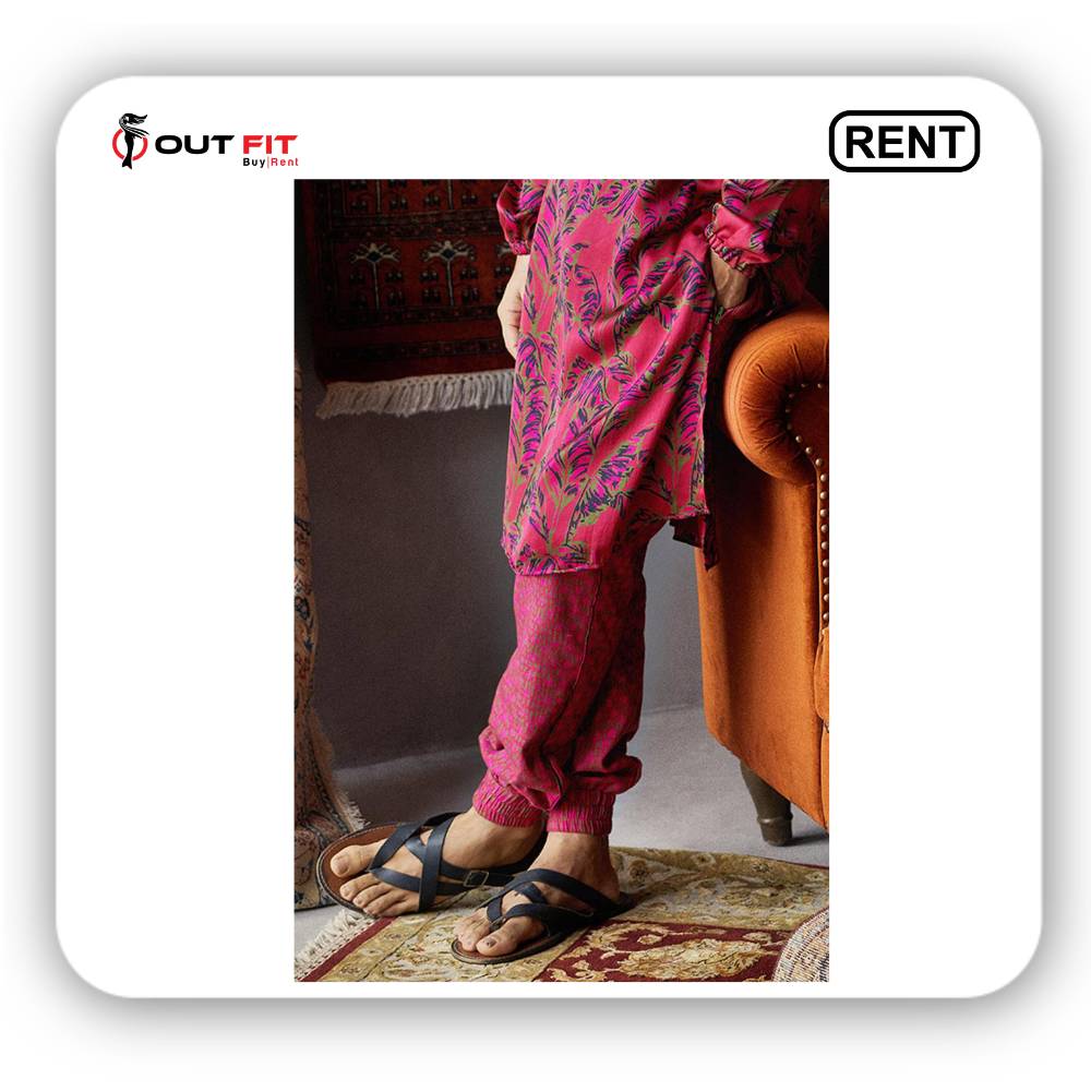 Red Satin Silk Printed Kurta And Joggers Set on rent in bangalore