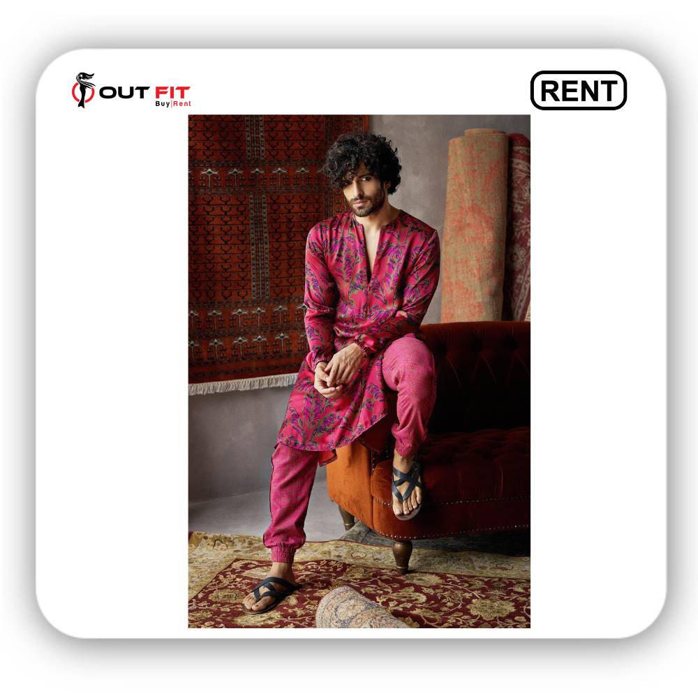 Red Satin Silk Printed Kurta And Joggers Set on rent in bangalore