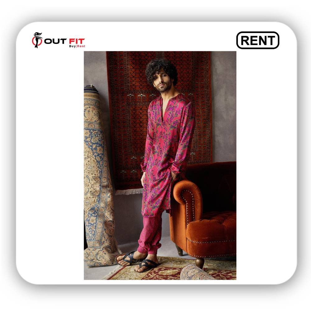 Red Satin Silk Printed Kurta And Joggers Set on rent in bangalore