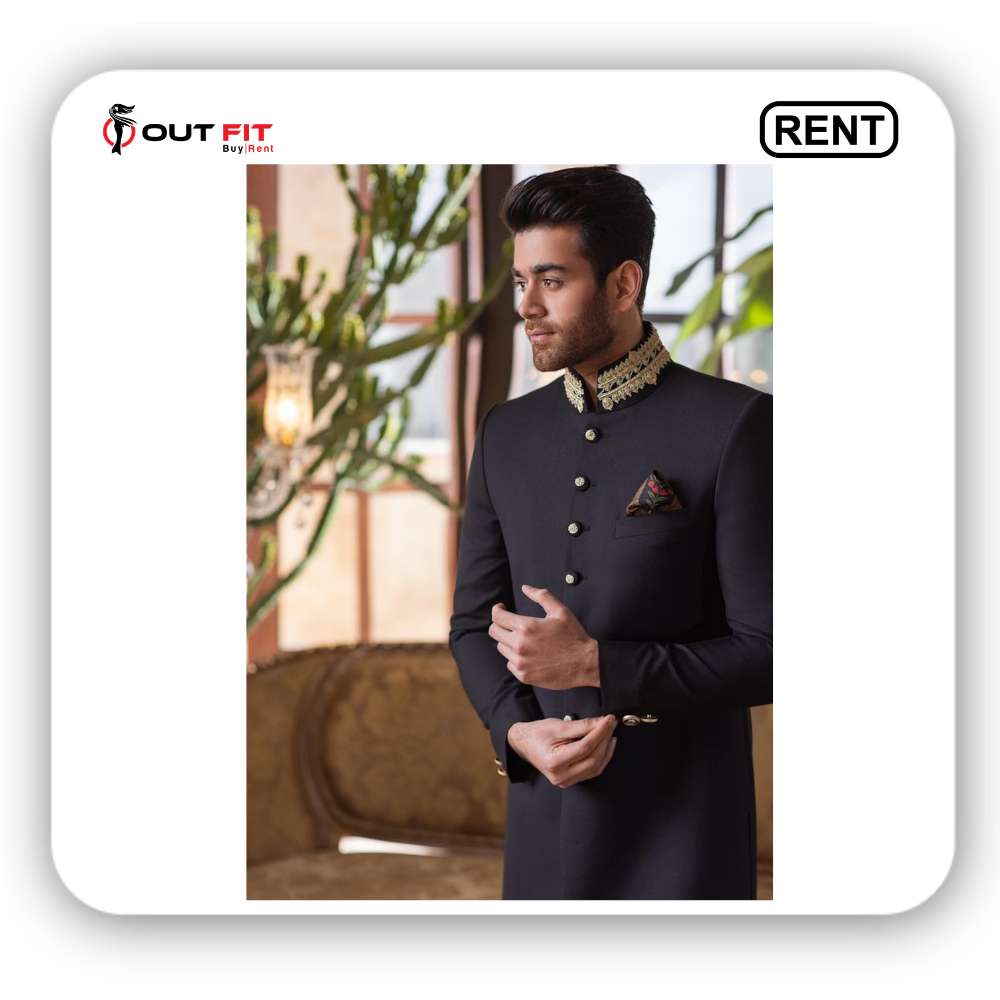 Black Neck Embroidered Sherwani on Rent in Bangalore