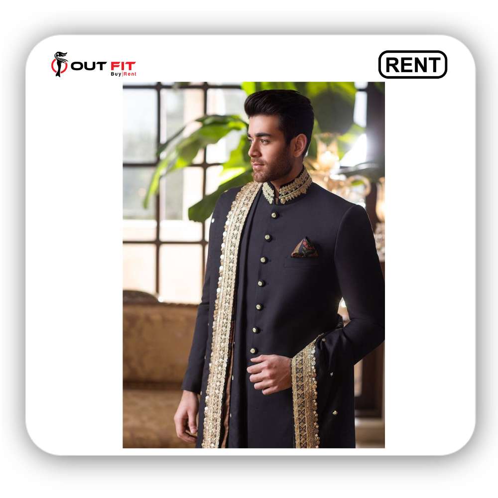 black neck embroidered sherwani on rent bangalore