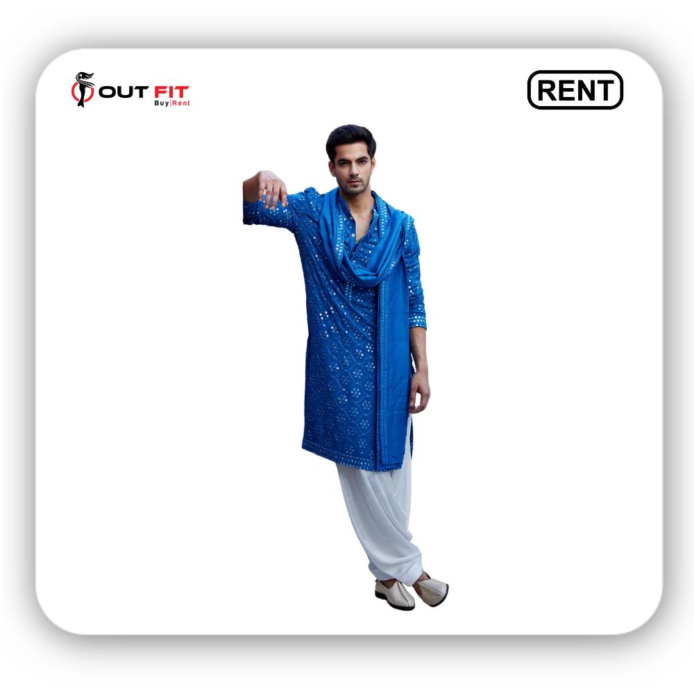 blue embroidery kurta set with stole on rent in bangalore