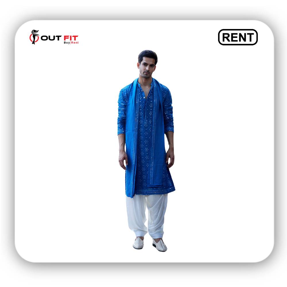 blue embroidery kurta set with stole on rent in bangalore