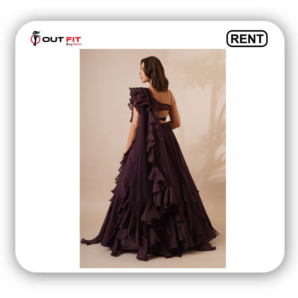 wine organza embroidery sequin asymmetric ruffle lehenga and blouse set on rent bangalore (3)