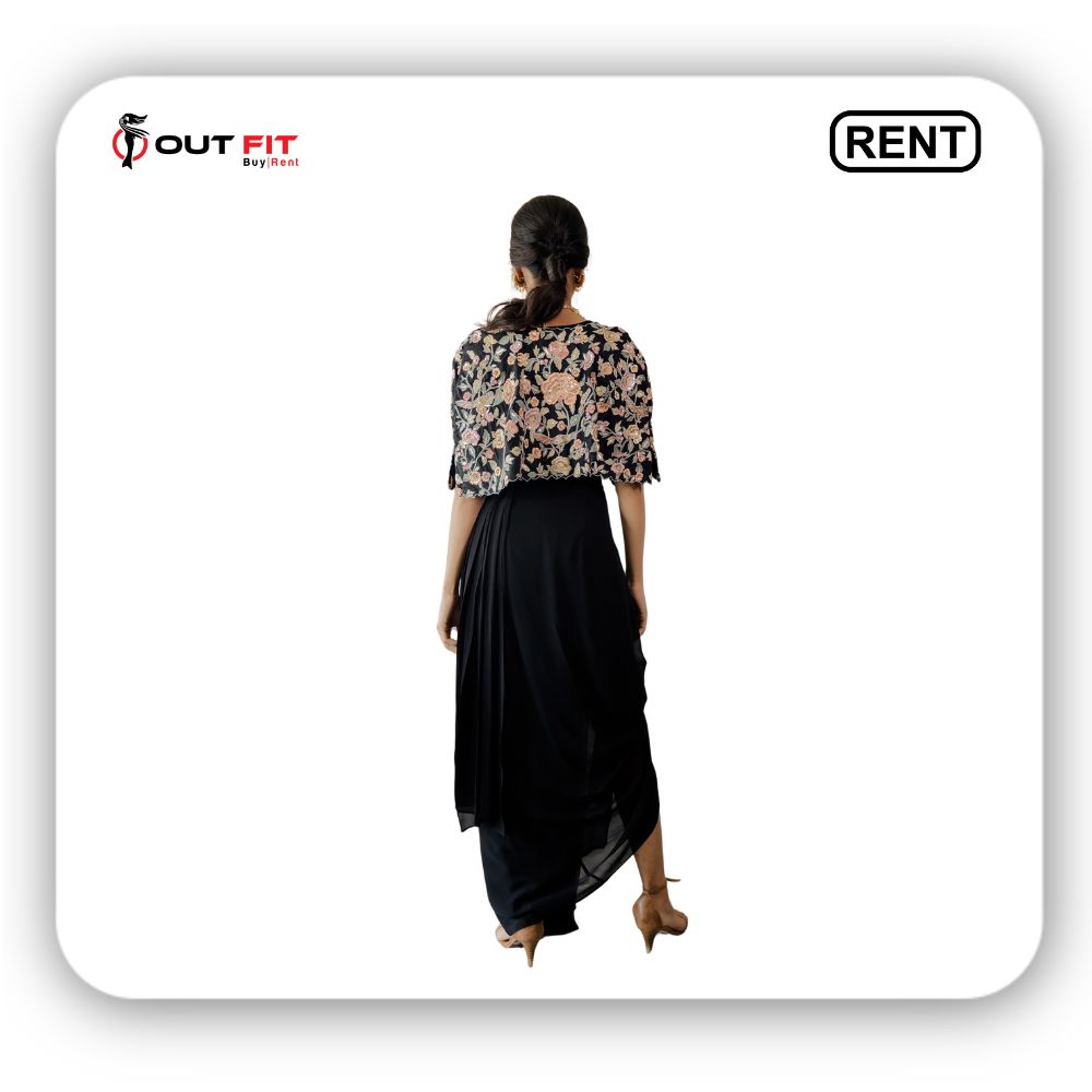 Black Saree And Blouse Georgette Cape & Belt Cotton Silk Pre-stitched Set With On Rent in Bangalore