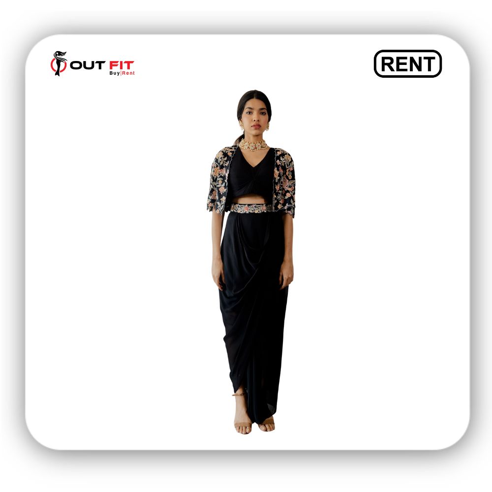 Black Saree And Blouse Georgette Cape & Belt Cotton Silk Pre-stitched Set With On Rent in Bangalore