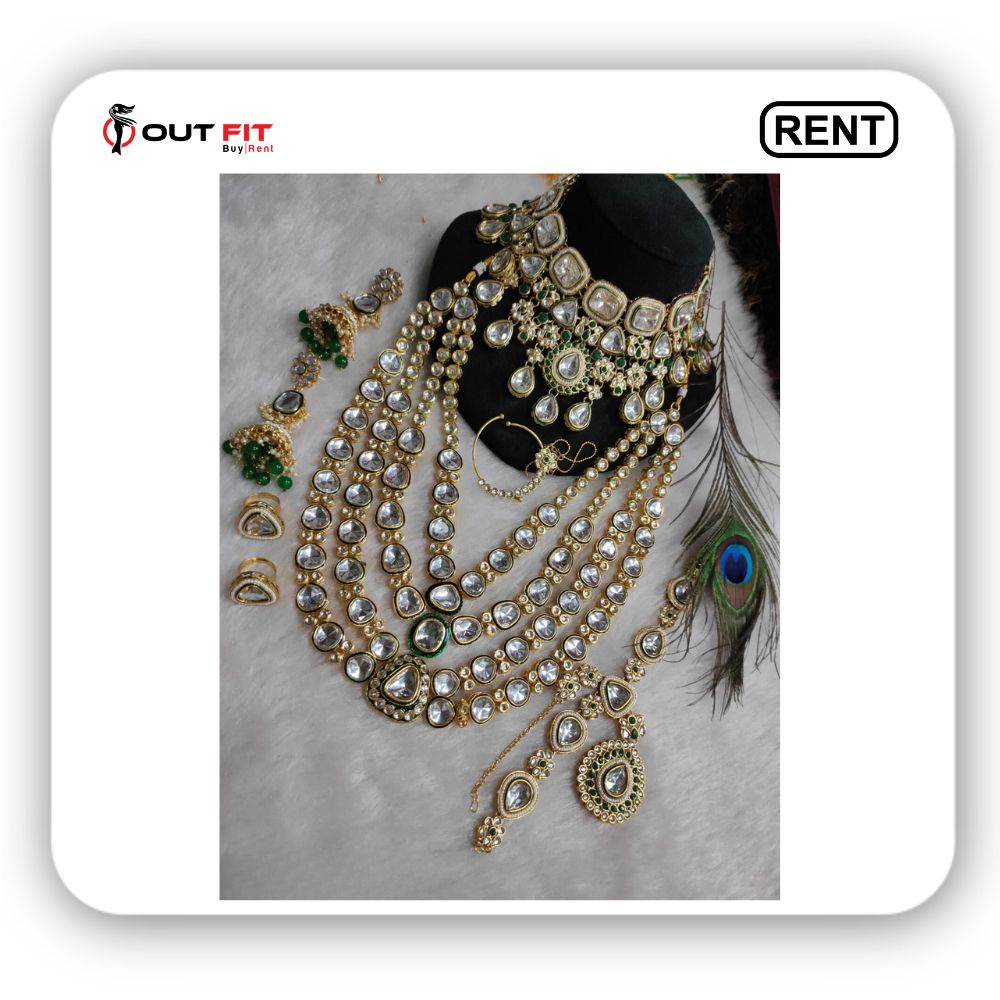 Green luxurious bridal jewellery set for rent in bangalore