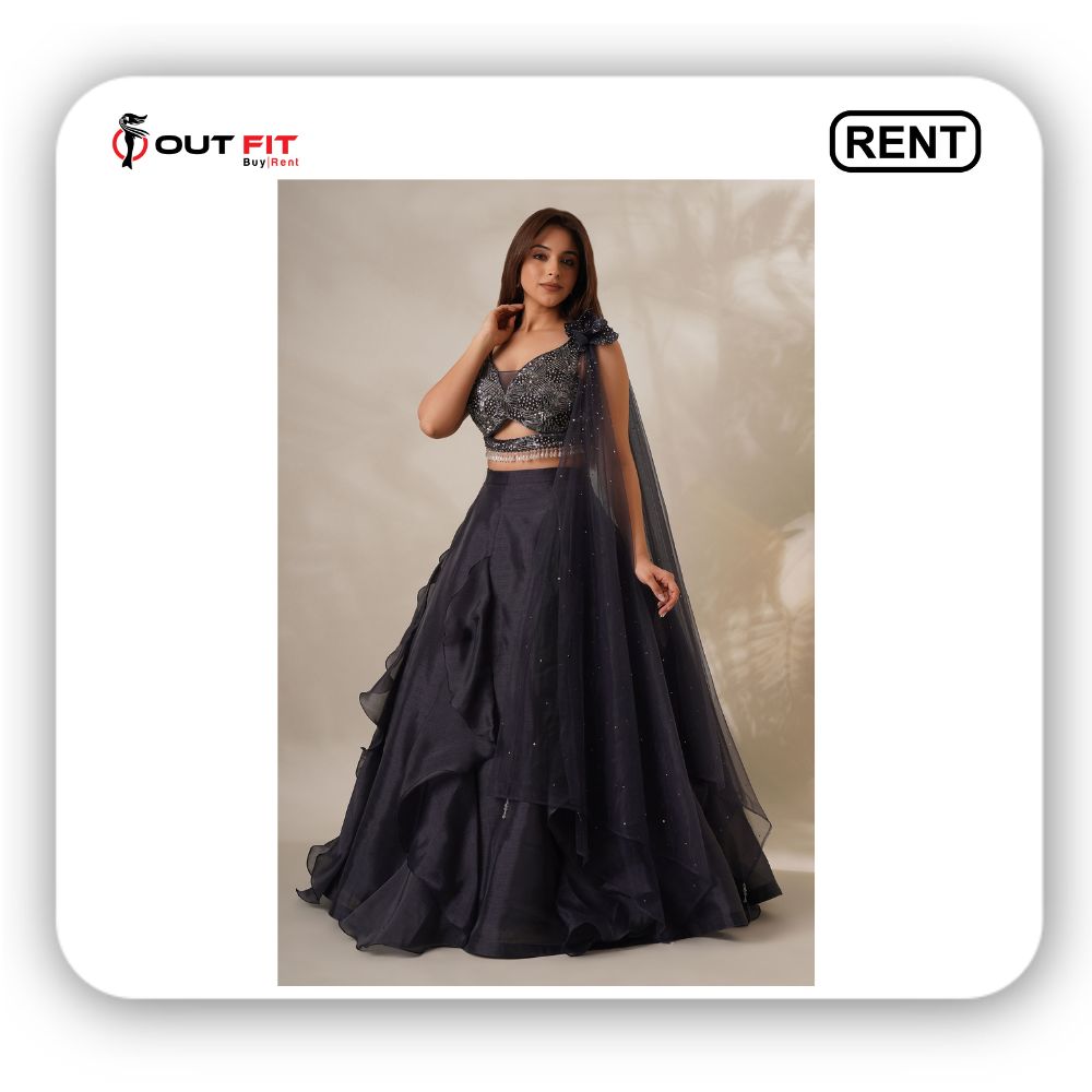 Grey Organza Embroidered Sequin V-neck Cutdana Embellished Blouse Lehenga Set On Rent In Bangalore