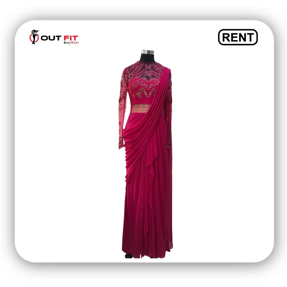 Pink Viscose Georgette Embroidered Saree Gown On Rent In Bangalore