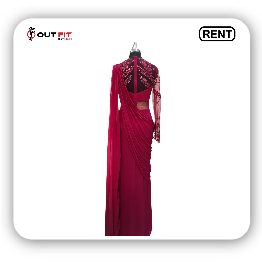 Pink Viscose Georgette Embroidered Saree Gown On Rent In Bangalore