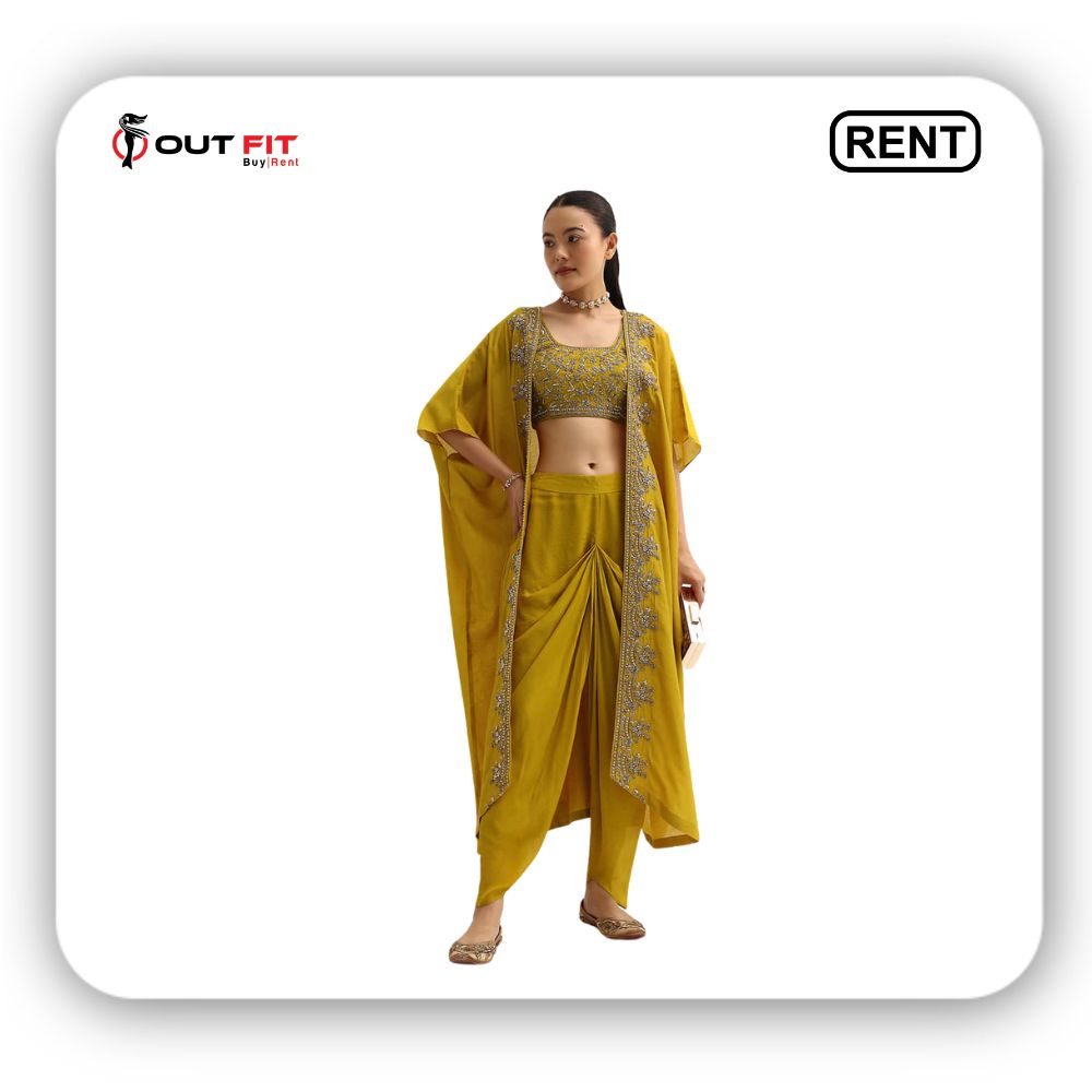 Yellow Embroidered Silk Croptop With Jacket And Dhoti Set On Rent In Bangalore