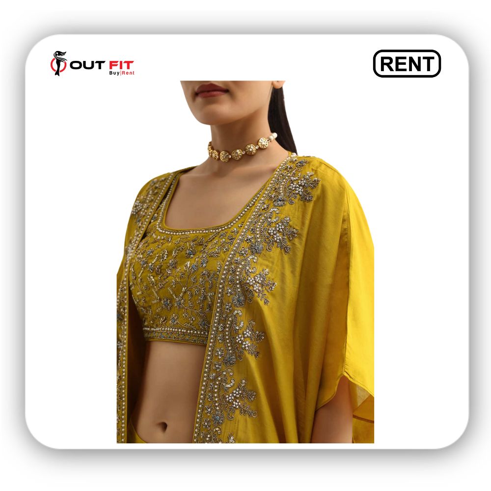 Yellow Embroidered Silk Croptop With Jacket And Dhoti Set On Rent In Bangalore