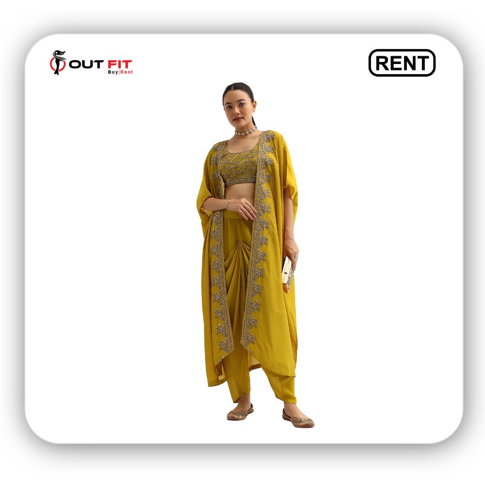 Yellow Embroidered Silk Croptop With Jacket And Dhoti Set On Rent In Bangalore