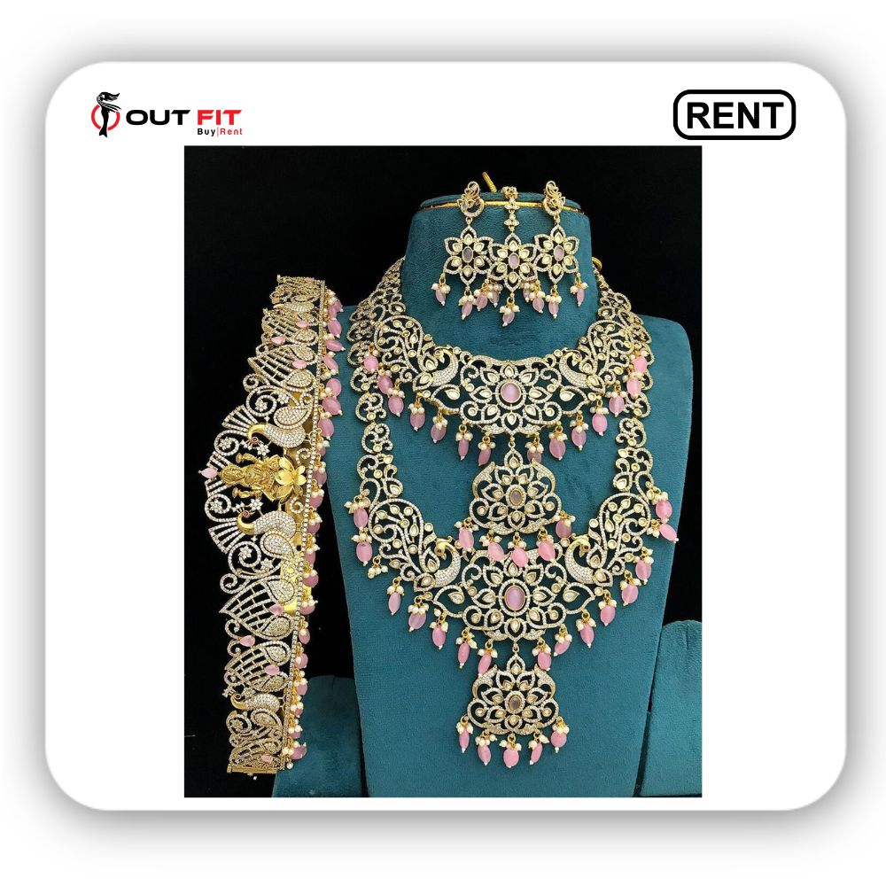 pink matte gold finish victorian bridal necklace set rent in bangalore