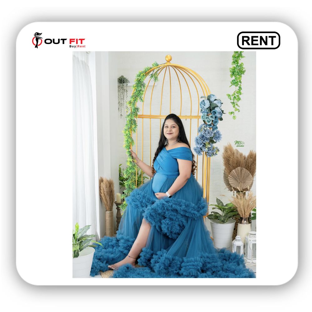 Rent Turquoise Heavy Ruffle Gown for Maternity Photoshoot Bangalore