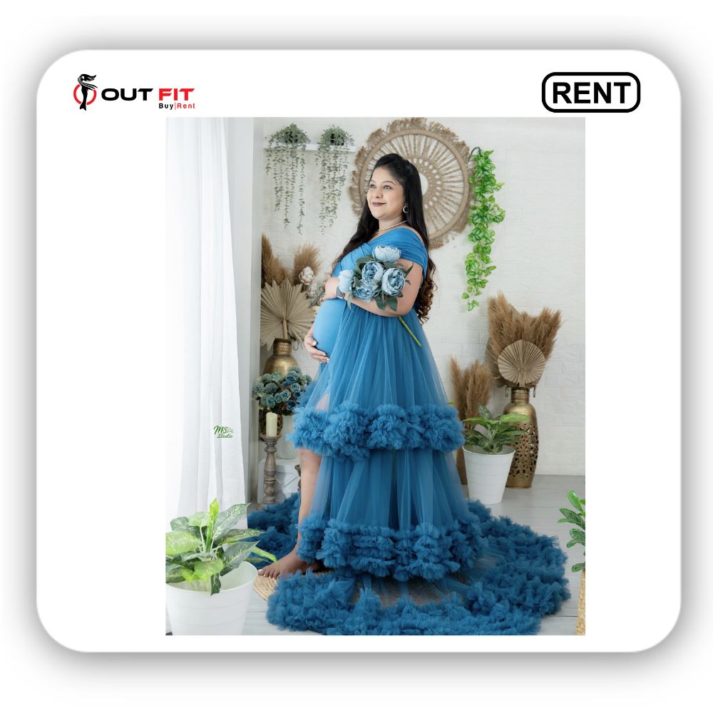 Rent Turquoise Heavy Ruffle Gown for Maternity Photoshoot Bangalore