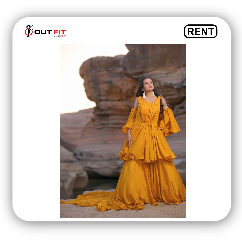 Mustard Yellow pre wedding shoot gown rental bangalore