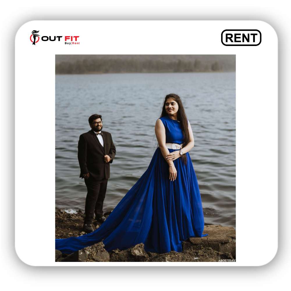 royal blue trail Gown On Rent For Pre Wedding Shoot in bangalore