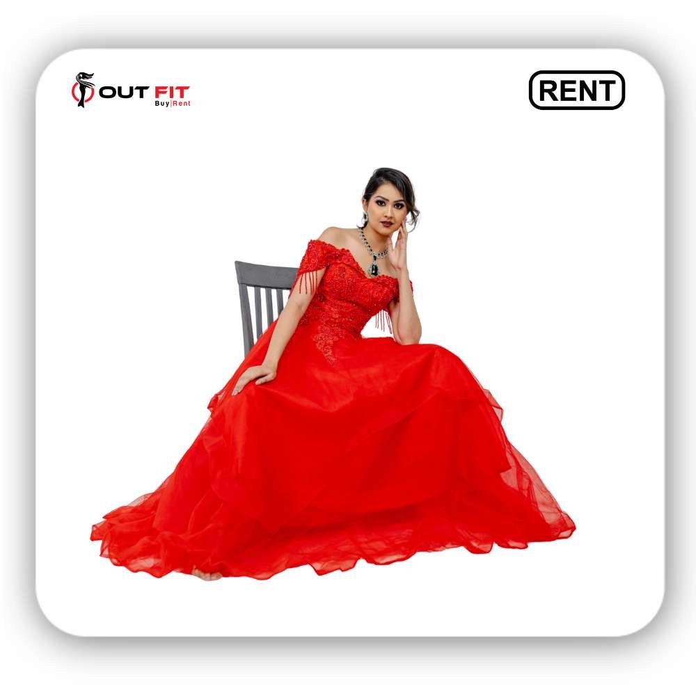 Beading Red Wedding Dress Off Shoulder Princess Prom Dress on Rent in Bangalore