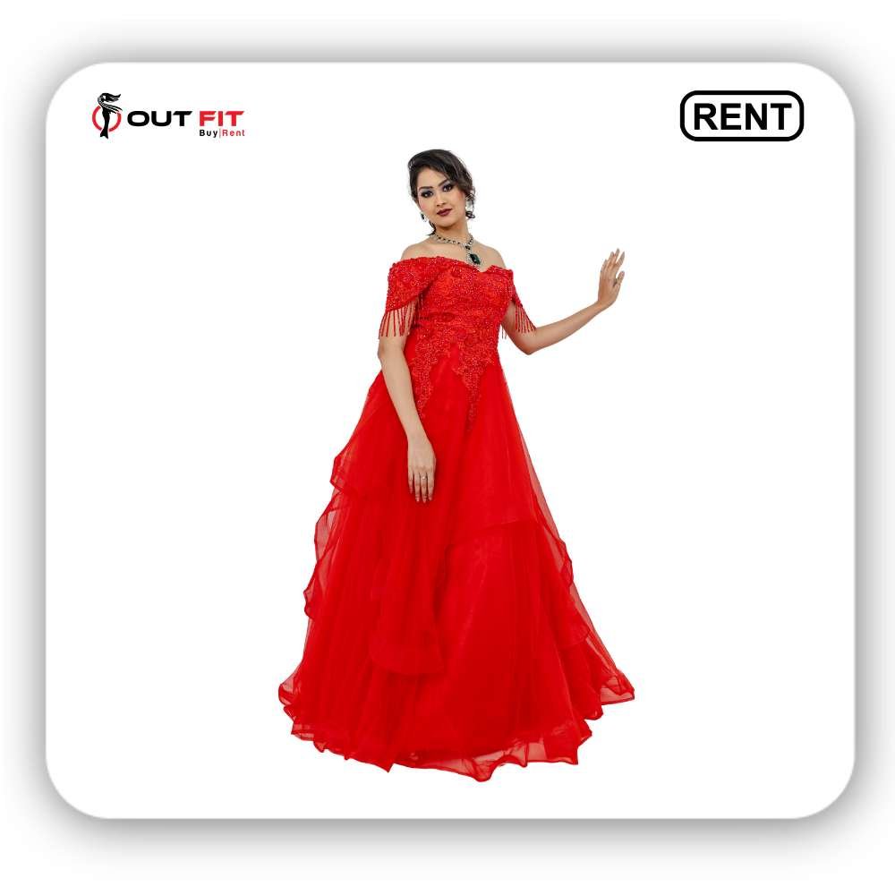 Beading Red Wedding Dress Off Shoulder Princess Prom Dress on rent in bangalore (3) Beading Red Wedding Dress Off Shoulder Princess Prom Dress on Rent in Bangalore