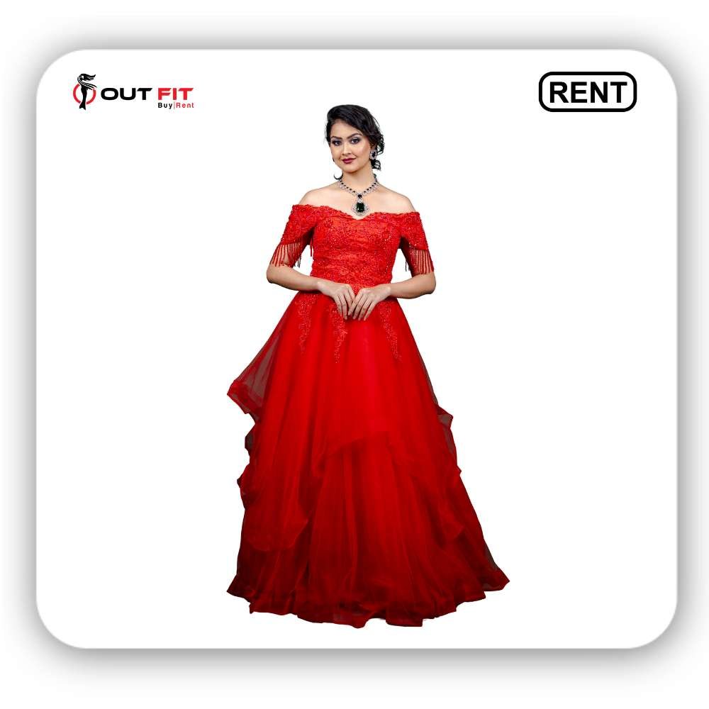 Beading Red Wedding Dress Off Shoulder Princess Prom Dress on Rent in Bangalore
