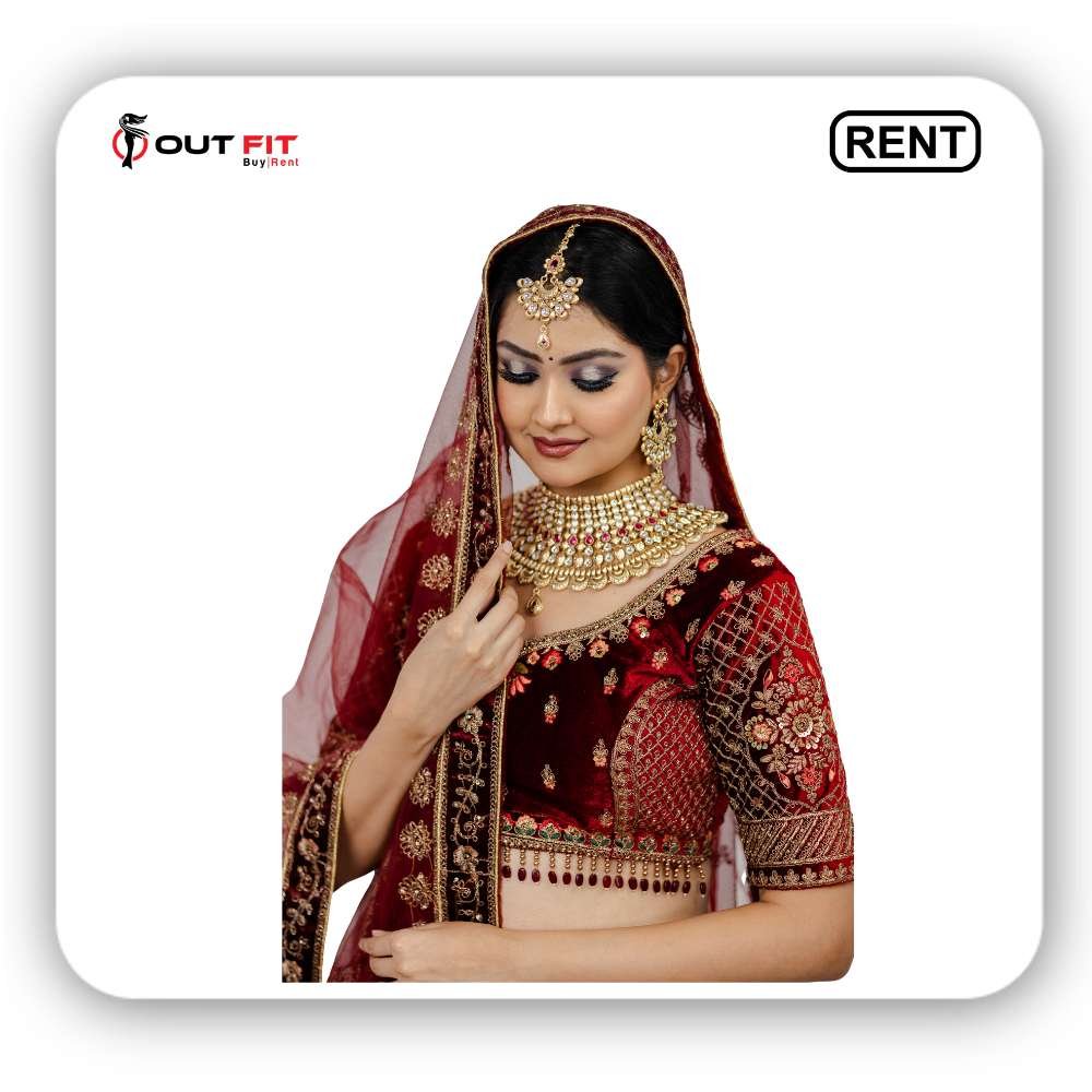 fawn velvet bridal lehenga on rent in bangalore (2) Fawn Velvet Bridal Lehenga on Rent in Bangalore | All Free Size Dress at Outfit Rental Shop
