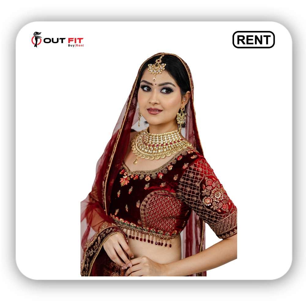 Fawn Velvet Bridal Lehenga on Rent in Bangalore | All Free Size Dress at Outfit Rental Shop