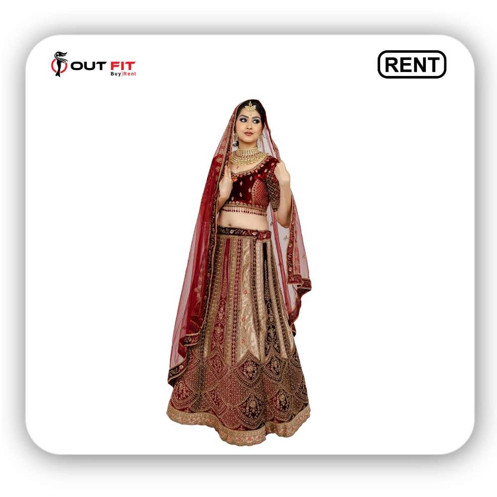 Fawn Velvet Bridal Lehenga on Rent in Bangalore | All Free Size Dress at Outfit Rental Shop