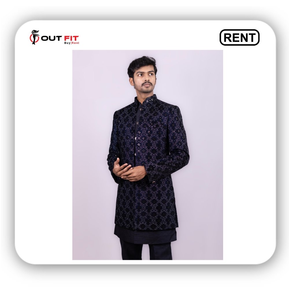 DARK BLUE VELVET INDOWESTERN EMBROIDERED IN RESHAM WORK DARK BLUE VELVET INDOWESTERN EMBROIDERED IN RESHAM WORK