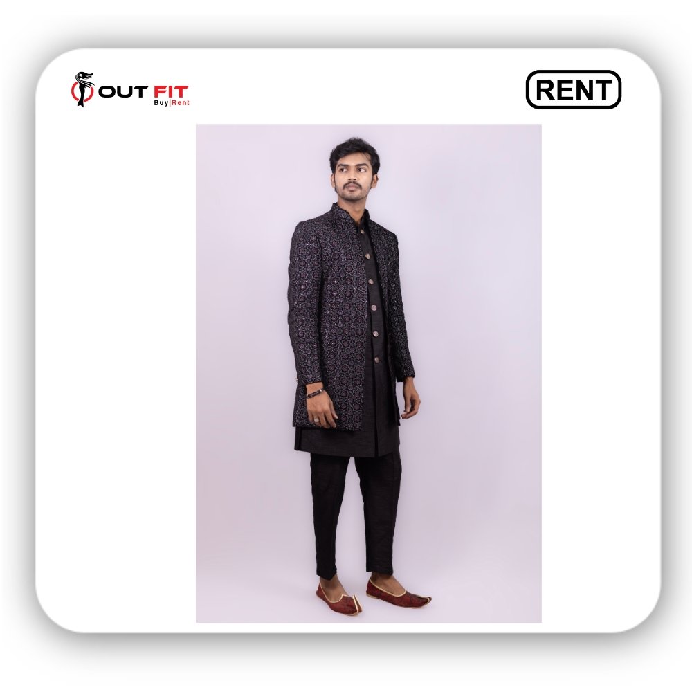 Embroidered Georgette Sherwani in Black On Rent in Bangalore (2)