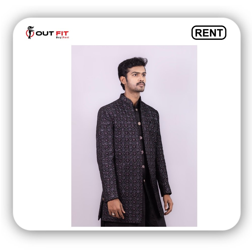 Embroidered Georgette Sherwani in Black On Rent in Bangalore (3)